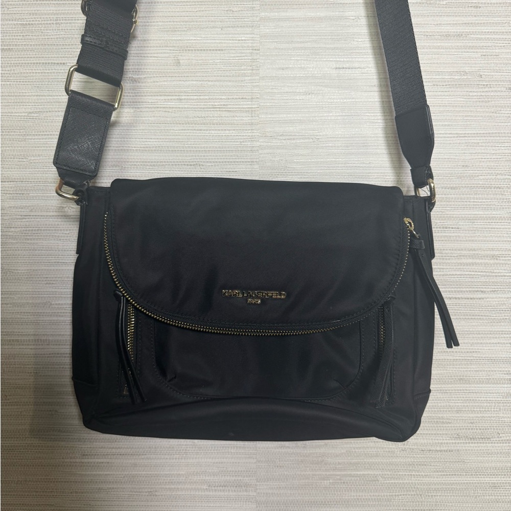 Karl Lagerfeld Paris Cara Flap Messenger Bag Purse in Black Gold Hardware